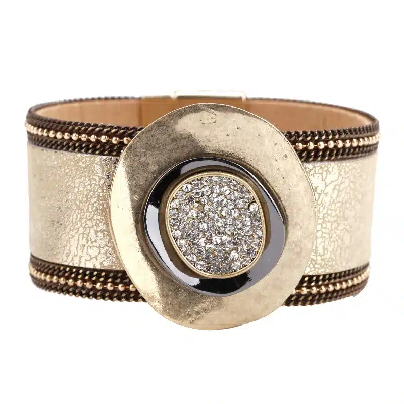 ALLYES Women Leather Cuff Bracelet Femme Bohemian Crystal Vintage Female Gold Color Metal Charm Wide Bracelets & Bangles Jewelry 20