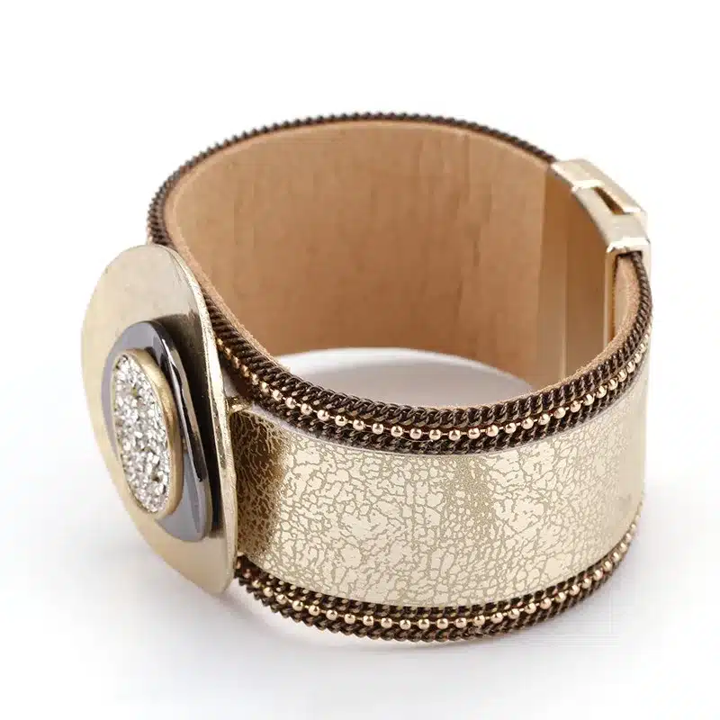 ALLYES Women Leather Cuff Bracelet Femme Bohemian Crystal Vintage Female Gold Color Metal Charm Wide Bracelets & Bangles Jewelry 21