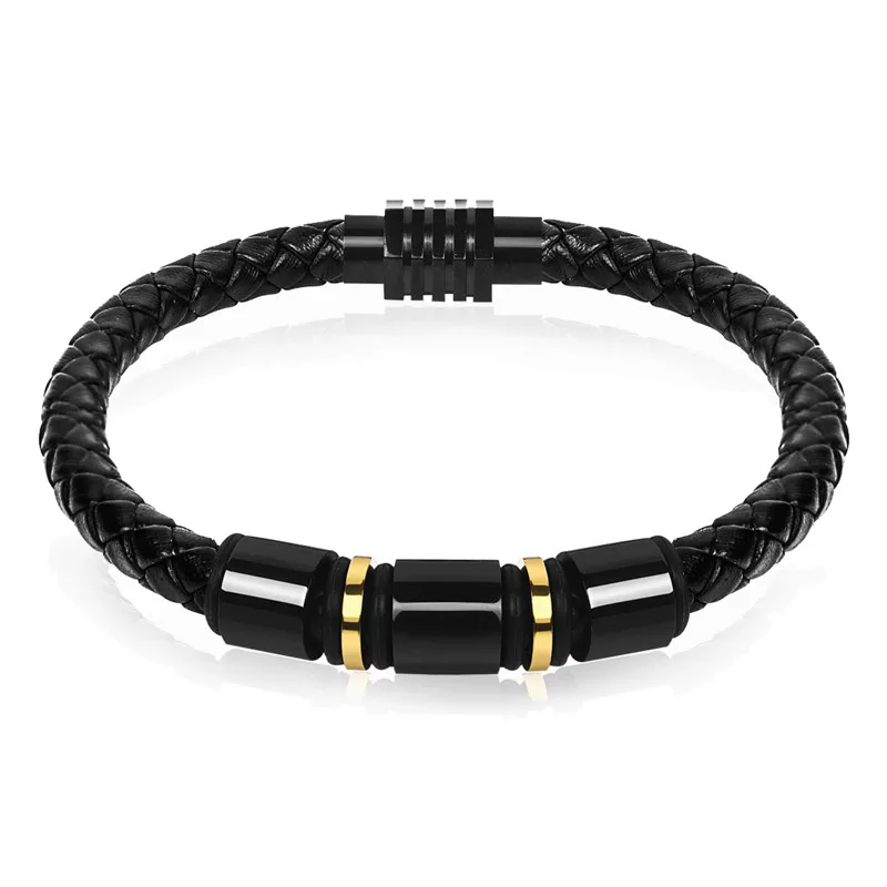 Jiayiqi Punk Leather Bracelets Black Gold Stainless Steel Beads Charm Bracelets for Men Fashion Jewelry Best Christmas Gifts 12