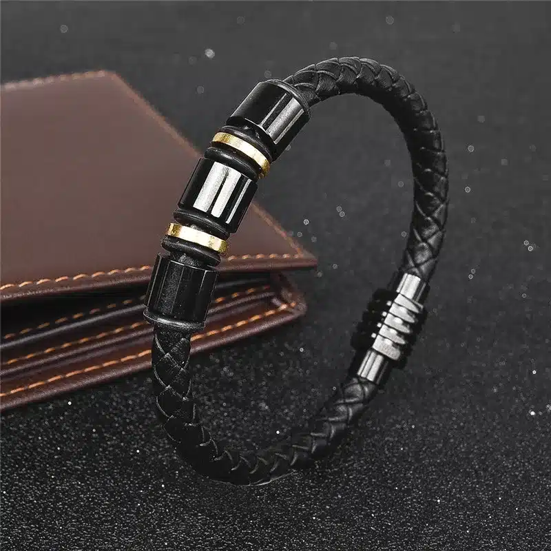 Jiayiqi Punk Leather Bracelets Black Gold Stainless Steel Beads Charm Bracelets for Men Fashion Jewelry Best Christmas Gifts 16