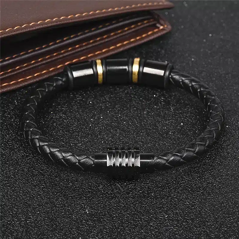 Jiayiqi Punk Leather Bracelets Black Gold Stainless Steel Beads Charm Bracelets for Men Fashion Jewelry Best Christmas Gifts 18
