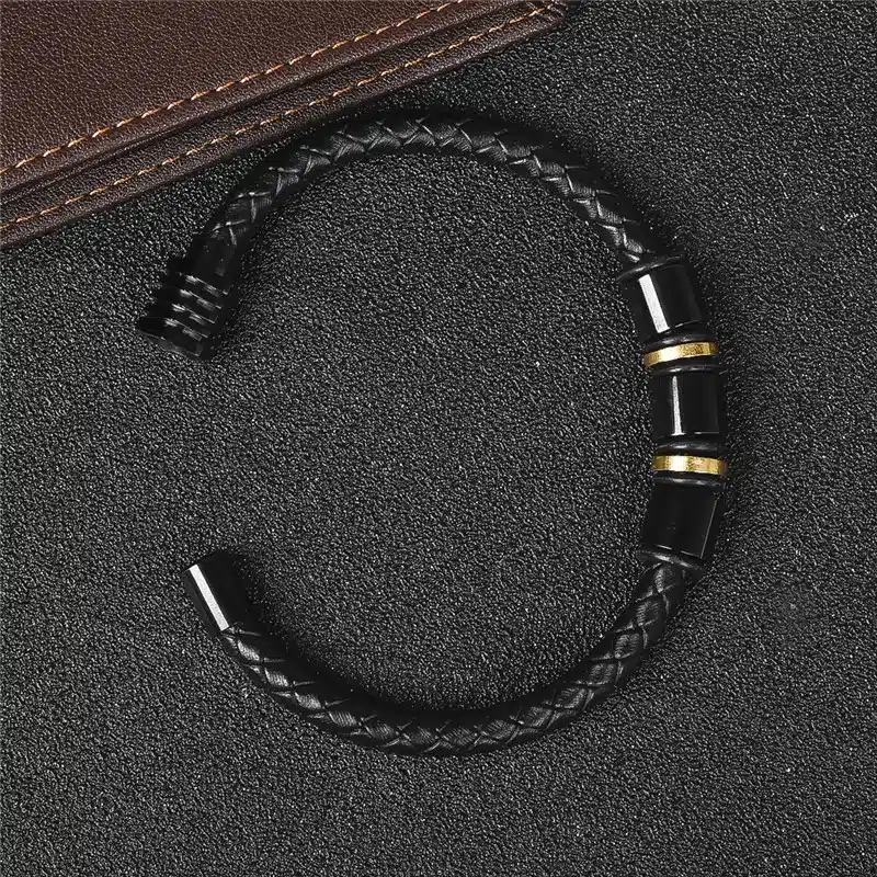 Jiayiqi Punk Leather Bracelets Black Gold Stainless Steel Beads Charm Bracelets for Men Fashion Jewelry Best Christmas Gifts 20