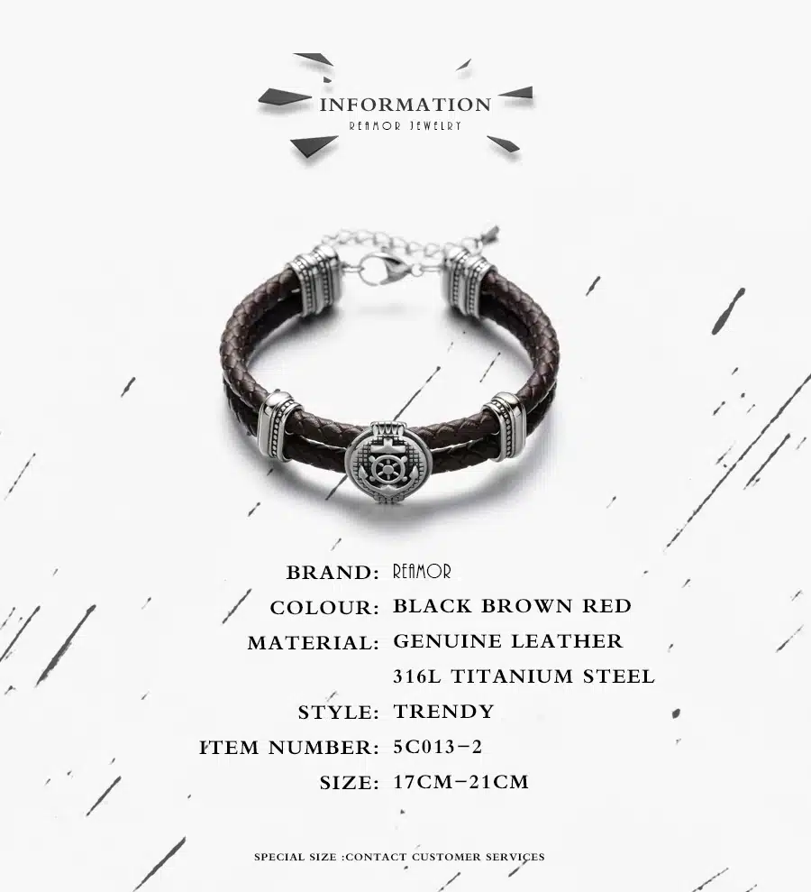REAMOR Double Braided Leather Rudder & Anchor Charms Bracelet 316L Stainless Steel Bead Trendy Bracelet & Bangles Men Jewelry 1