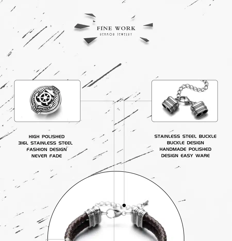 REAMOR Double Braided Leather Rudder & Anchor Charms Bracelet 316L Stainless Steel Bead Trendy Bracelet & Bangles Men Jewelry 2