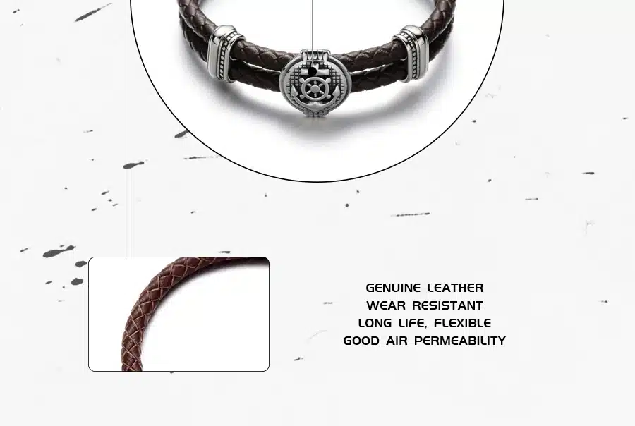 REAMOR Double Braided Leather Rudder & Anchor Charms Bracelet 316L Stainless Steel Bead Trendy Bracelet & Bangles Men Jewelry 3