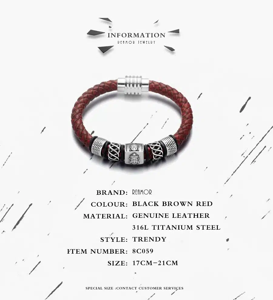 REAMOR Vintage Red Genuine Leather Male Charms Bracelets 316l Stainless Steel Buddha Head Bangle For Men Fashion Jewelry 1