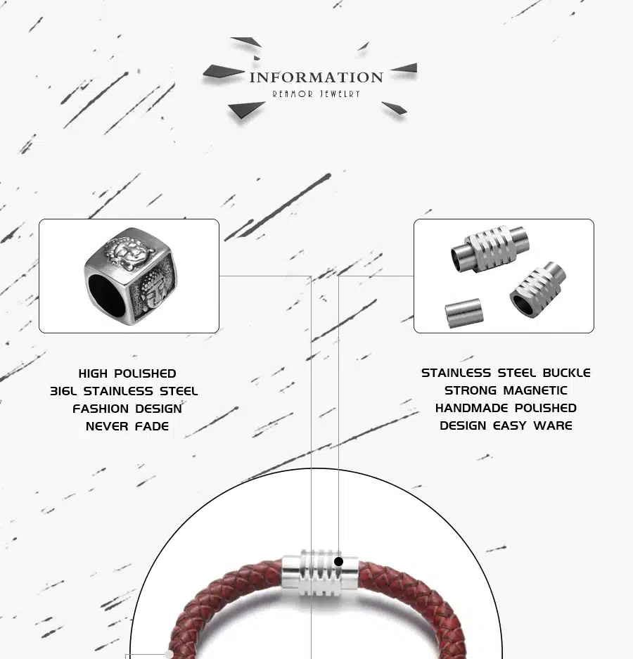 REAMOR Vintage Red Genuine Leather Male Charms Bracelets 316l Stainless Steel Buddha Head Bangle For Men Fashion Jewelry 2