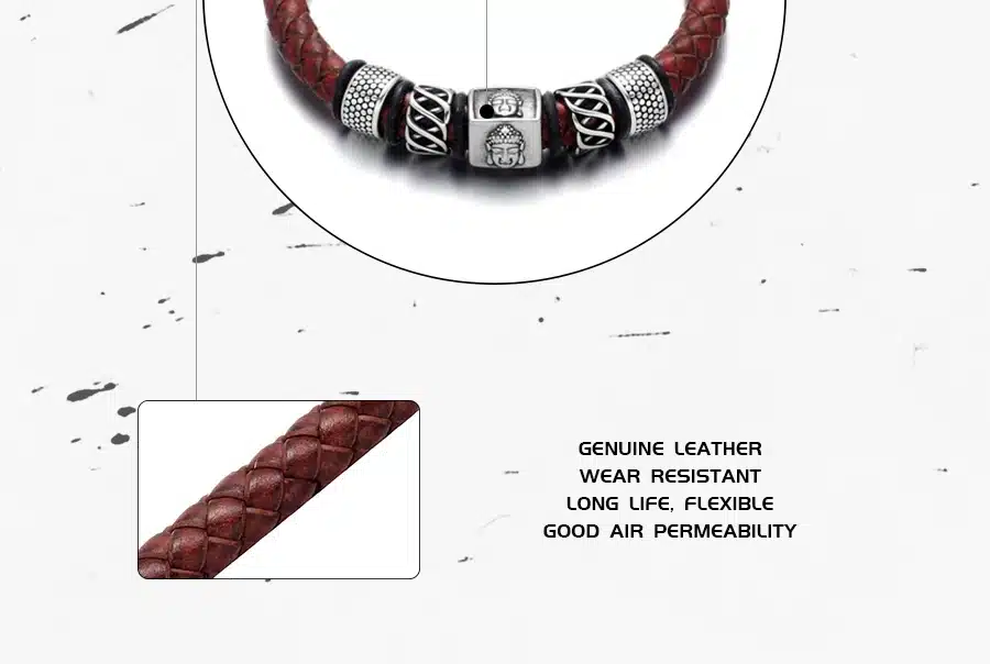 REAMOR Vintage Red Genuine Leather Male Charms Bracelets 316l Stainless Steel Buddha Head Bangle For Men Fashion Jewelry 3