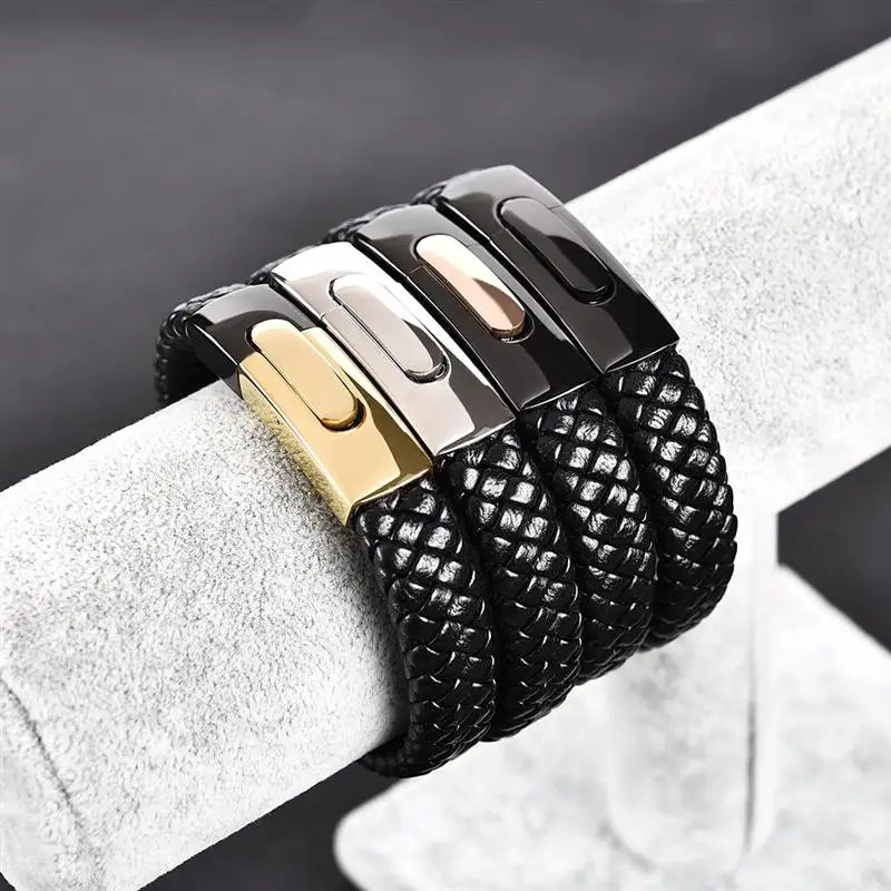 Jiayiqi Fashion Men Jewelry Black Genuine Leather Bracelet Silver Color Stainless Steel Magnetic Buckle Punk Bangles Male Gifts 14