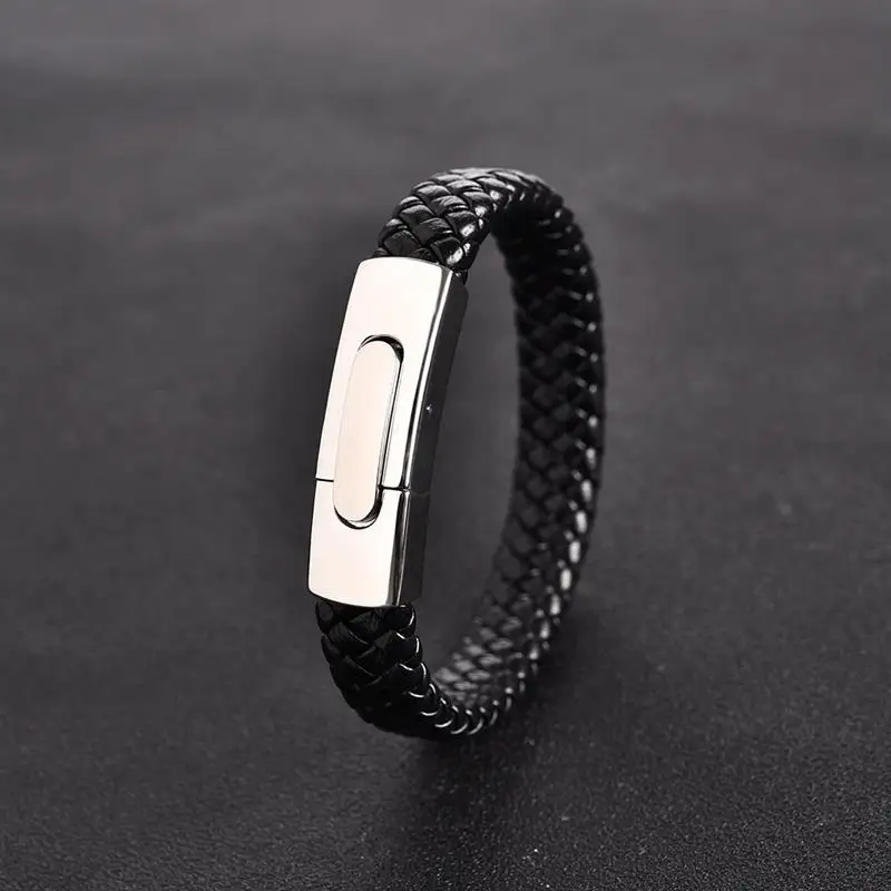 Jiayiqi Fashion Men Jewelry Black Genuine Leather Bracelet Silver Color Stainless Steel Magnetic Buckle Punk Bangles Male Gifts 15