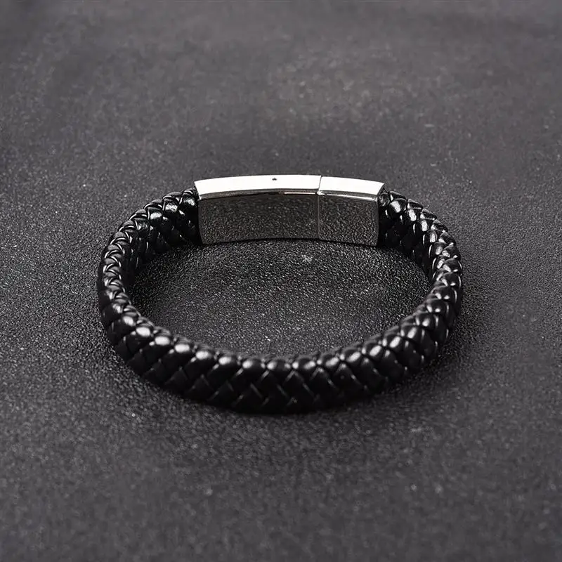 Jiayiqi Fashion Men Jewelry Black Genuine Leather Bracelet Silver Color Stainless Steel Magnetic Buckle Punk Bangles Male Gifts 17
