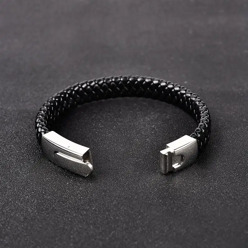 Jiayiqi Fashion Men Jewelry Black Genuine Leather Bracelet Silver Color Stainless Steel Magnetic Buckle Punk Bangles Male Gifts 18