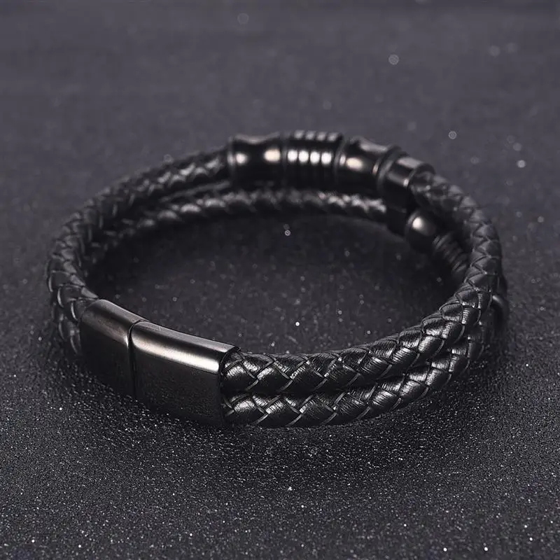 Jiayiqi Black Rope Chain Leather Bracelet for Men Jewelry Stainless steel Magnetic Clasp Fashion Vintage Male Bangle 18/20/22cm 15