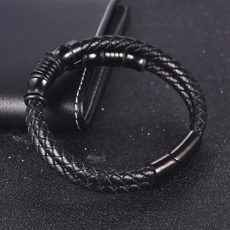 Jiayiqi Black Rope Chain Leather Bracelet for Men Jewelry Stainless steel Magnetic Clasp Fashion Vintage Male Bangle 18/20/22cm 16