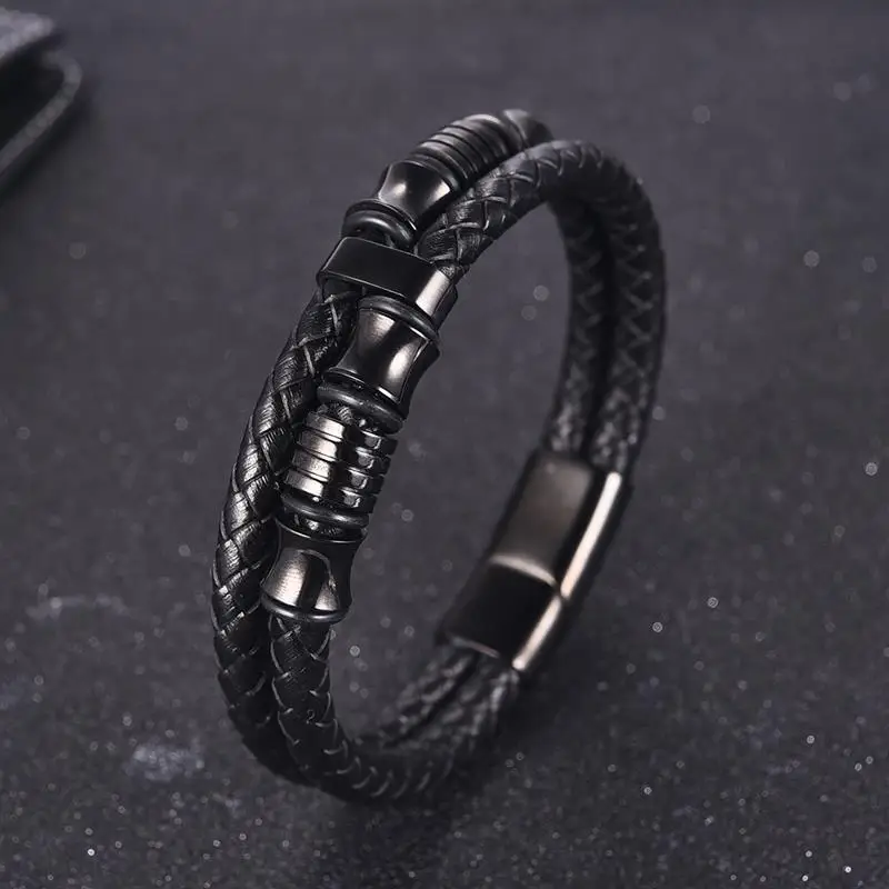Jiayiqi Black Rope Chain Leather Bracelet for Men Jewelry Stainless steel Magnetic Clasp Fashion Vintage Male Bangle 18/20/22cm 17