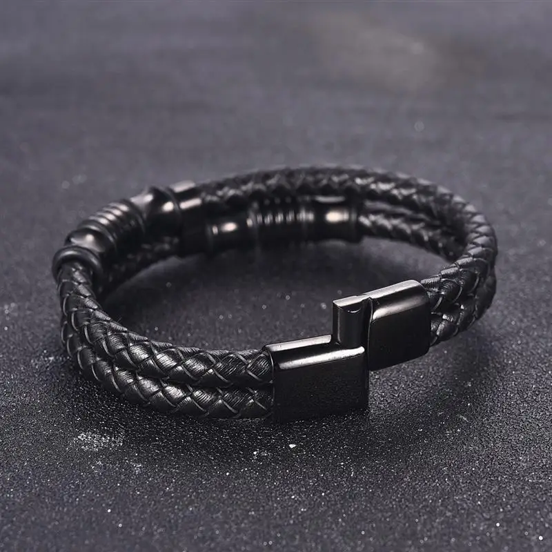 Jiayiqi Black Rope Chain Leather Bracelet for Men Jewelry Stainless steel Magnetic Clasp Fashion Vintage Male Bangle 18/20/22cm 18