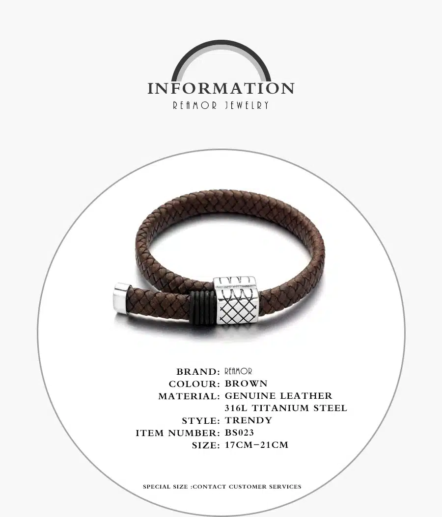 REAMOR Vintage Simple Mens Charms Bracelets 316L Stainless Steel Brown Wide Genuine Leather Braided Adjustable Trendy Bracelets 1