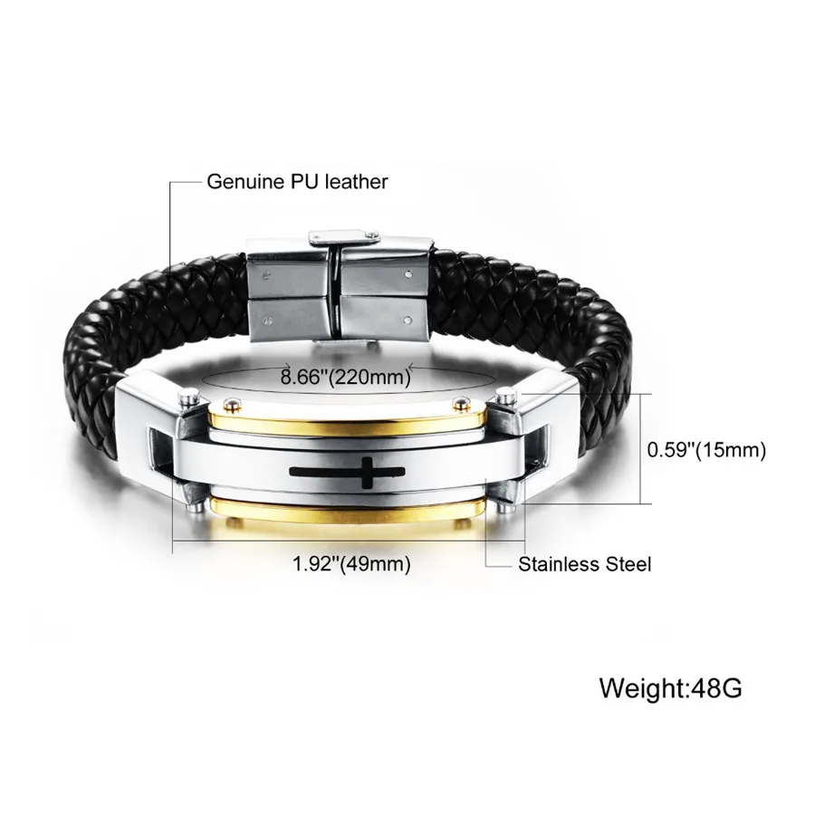 XQNI Vintage Leather Wrap Bracelet For Man Fashion Handmade Knitted Bangle Black/Gold Color Full Steel Cross Men Jewelry 15