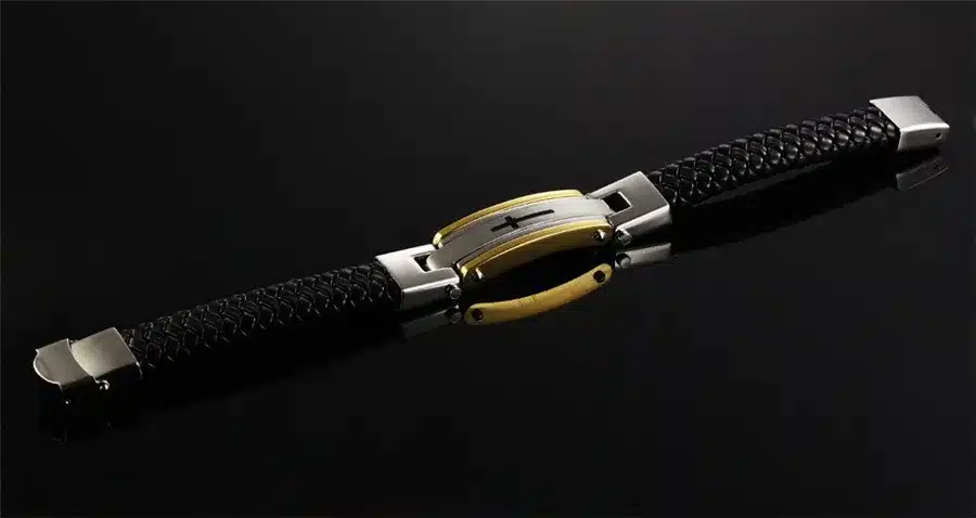 XQNI Vintage Leather Wrap Bracelet For Man Fashion Handmade Knitted Bangle Black/Gold Color Full Steel Cross Men Jewelry 19