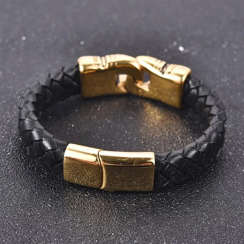 Jiayiqi Punk Men Jewelry Braided Leather Charm Bracelet Stainless Steel Magnetic Clasp Fashion Bangles 18.5/20.5/22cm 18