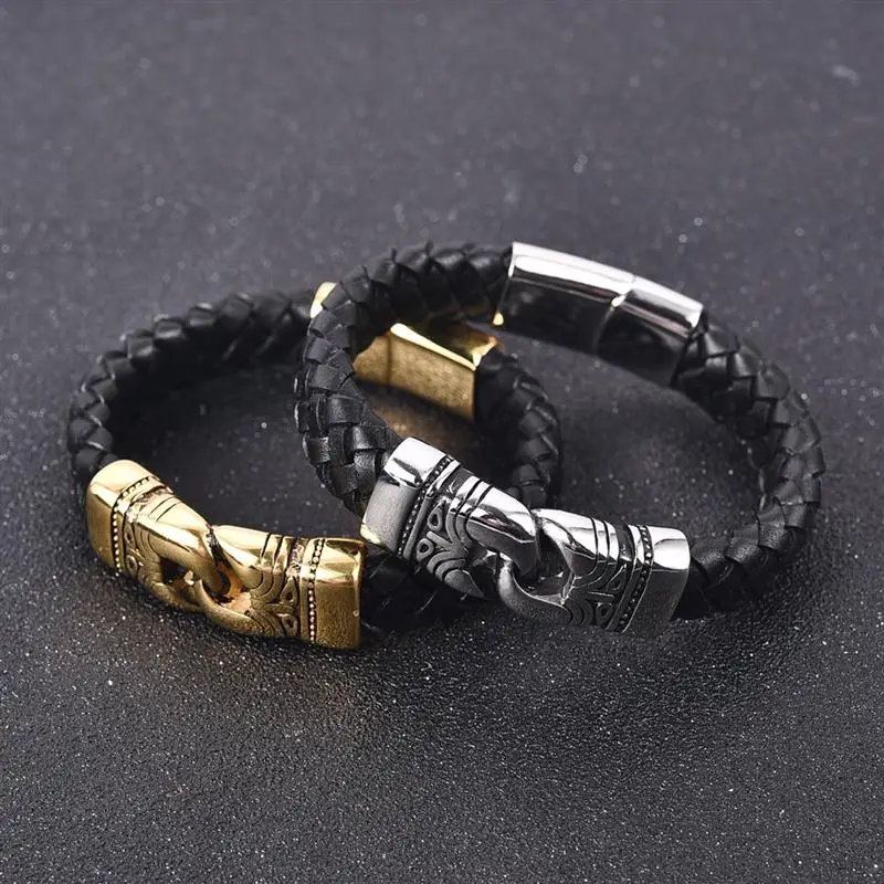 Jiayiqi Punk Men Jewelry Braided Leather Charm Bracelet Stainless Steel Magnetic Clasp Fashion Bangles 18.5/20.5/22cm 19