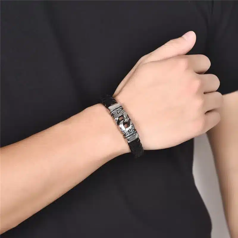 Jiayiqi Punk Men Jewelry Braided Leather Charm Bracelet Stainless Steel Magnetic Clasp Fashion Bangles 18.5/20.5/22cm 21