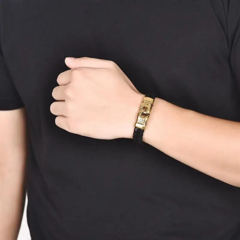 Jiayiqi Punk Men Jewelry Braided Leather Charm Bracelet Stainless Steel Magnetic Clasp Fashion Bangles 18.5/20.5/22cm 22