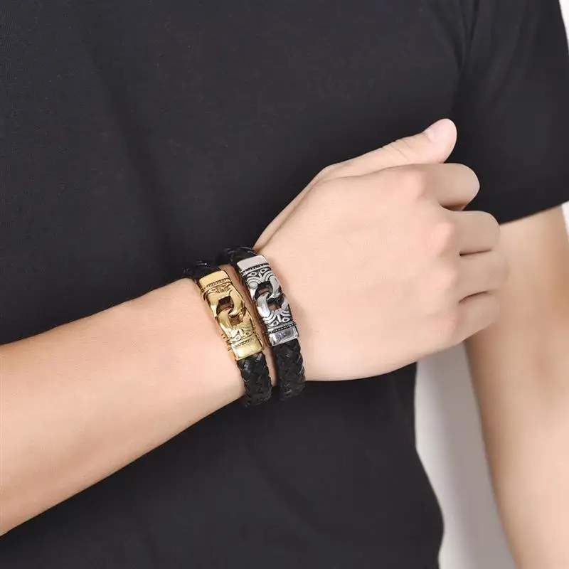 Jiayiqi Punk Men Jewelry Braided Leather Charm Bracelet Stainless Steel Magnetic Clasp Fashion Bangles 18.5/20.5/22cm 23