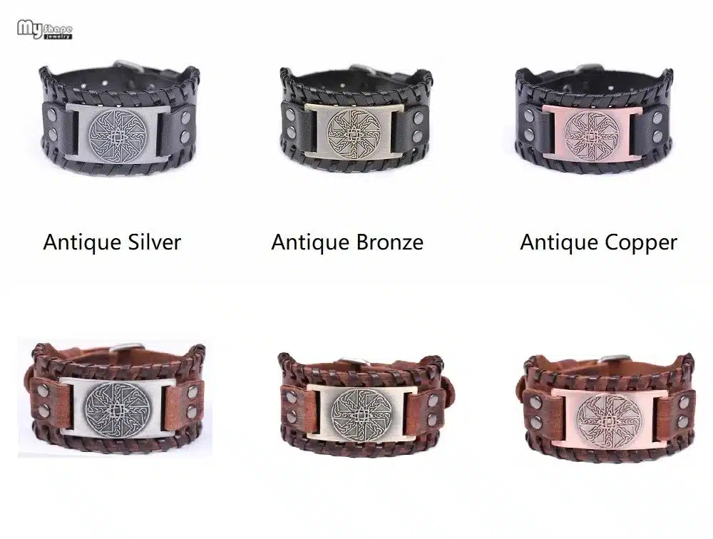 My Shape Slavic Amulet Sun Wheel Genuine Leather Bangle for Optimism Kolovrat Vintage Wide Bracelets Nordic Viking Bracelet Men 6