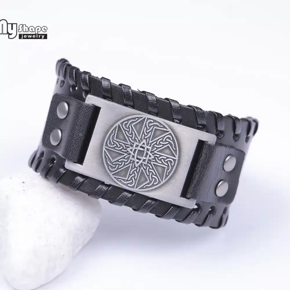 My Shape Slavic Amulet Sun Wheel Genuine Leather Bangle for Optimism Kolovrat Vintage Wide Bracelets Nordic Viking Bracelet Men 8