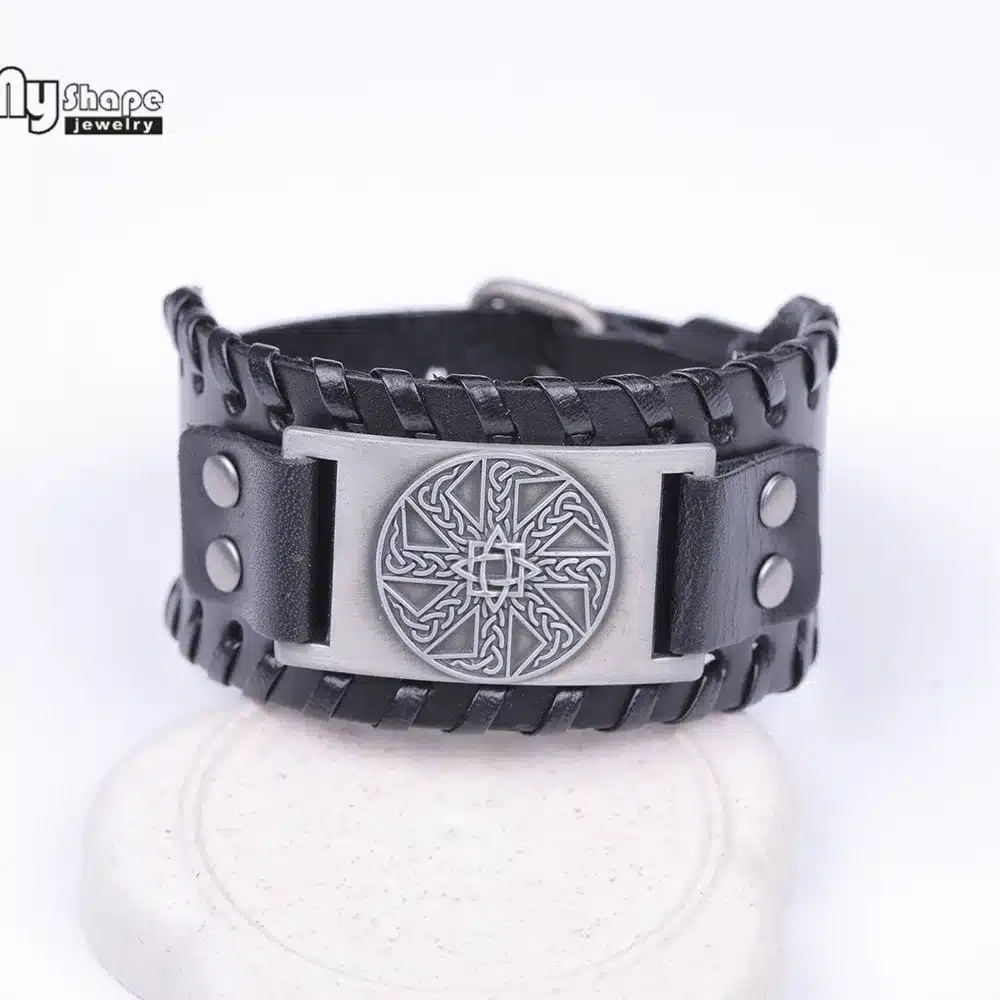 My Shape Slavic Amulet Sun Wheel Genuine Leather Bangle for Optimism Kolovrat Vintage Wide Bracelets Nordic Viking Bracelet Men 9