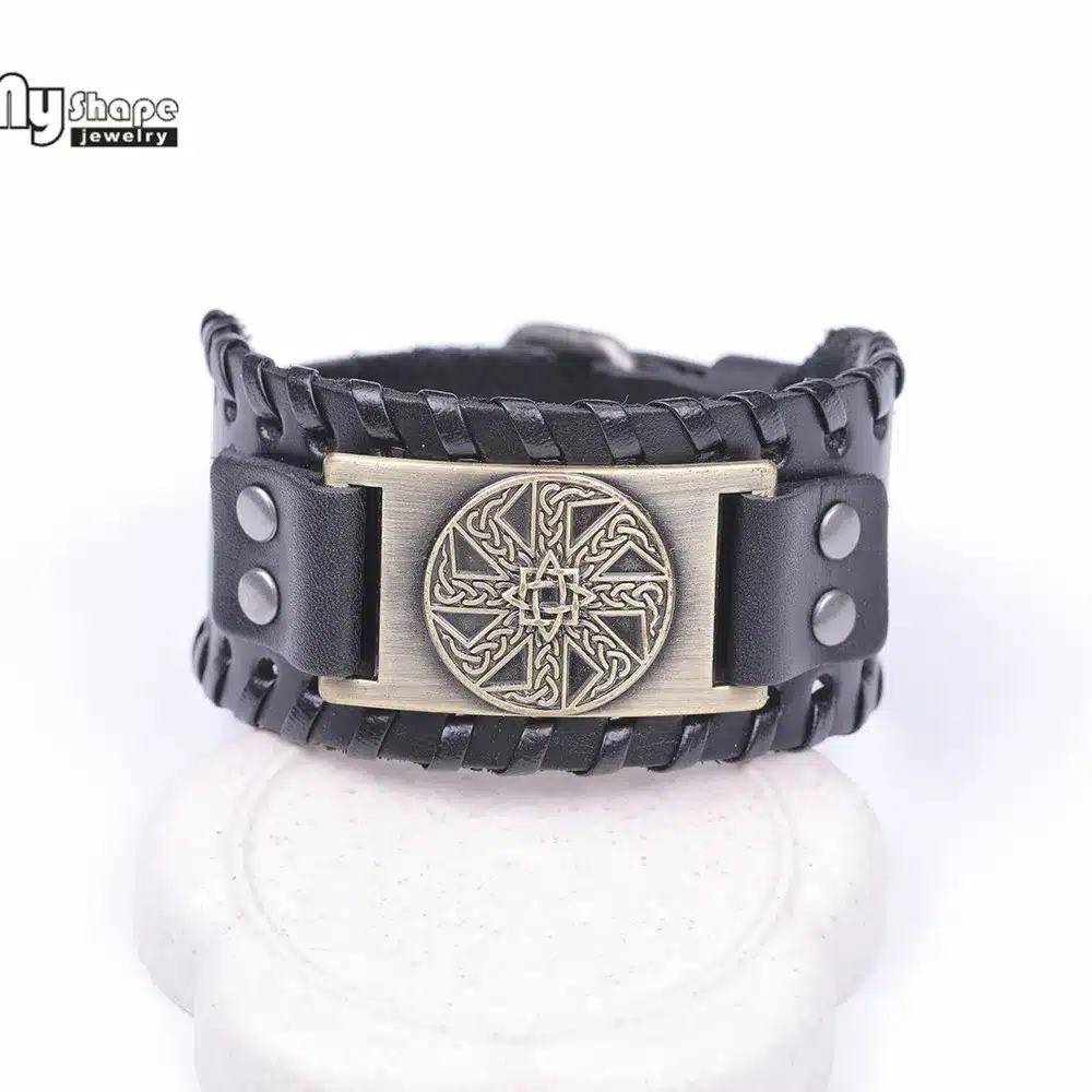 My Shape Slavic Amulet Sun Wheel Genuine Leather Bangle for Optimism Kolovrat Vintage Wide Bracelets Nordic Viking Bracelet Men 11