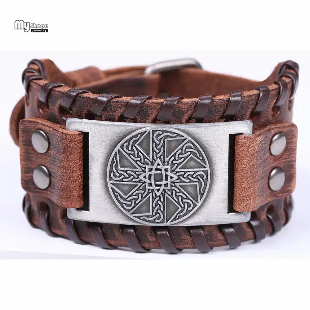 My Shape Slavic Amulet Sun Wheel Genuine Leather Bangle for Optimism Kolovrat Vintage Wide Bracelets Nordic Viking Bracelet Men 14