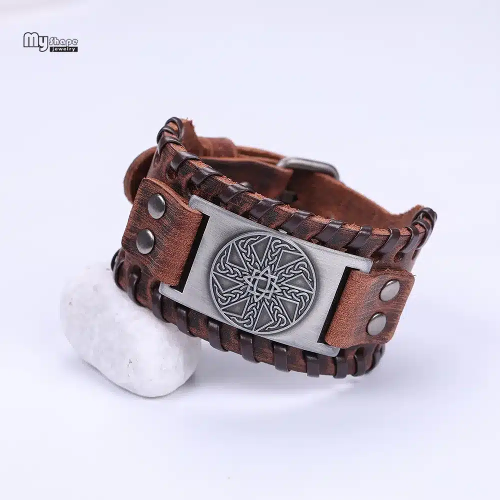 My Shape Slavic Amulet Sun Wheel Genuine Leather Bangle for Optimism Kolovrat Vintage Wide Bracelets Nordic Viking Bracelet Men 15
