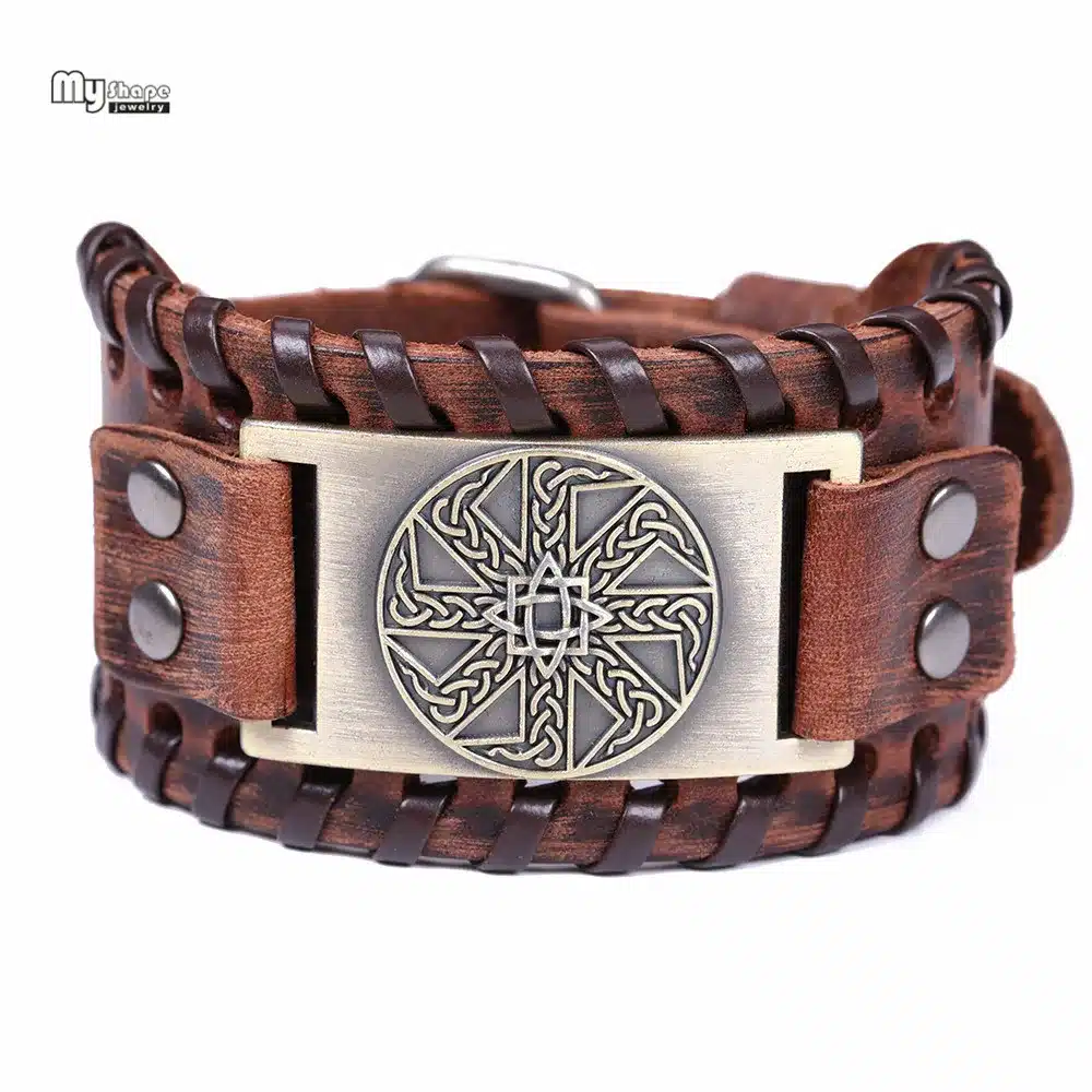 My Shape Slavic Amulet Sun Wheel Genuine Leather Bangle for Optimism Kolovrat Vintage Wide Bracelets Nordic Viking Bracelet Men 16