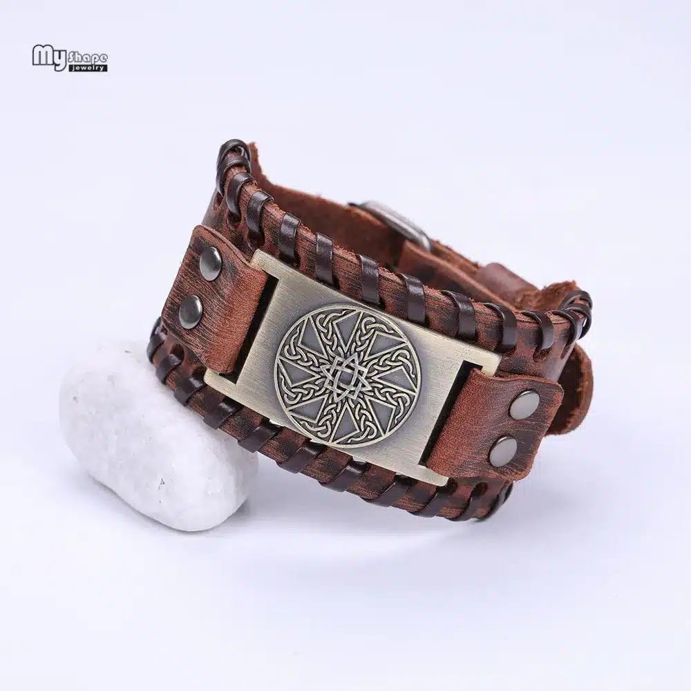 My Shape Slavic Amulet Sun Wheel Genuine Leather Bangle for Optimism Kolovrat Vintage Wide Bracelets Nordic Viking Bracelet Men 17