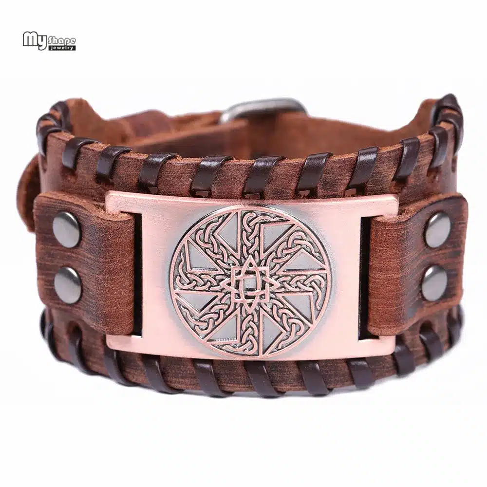 My Shape Slavic Amulet Sun Wheel Genuine Leather Bangle for Optimism Kolovrat Vintage Wide Bracelets Nordic Viking Bracelet Men 18
