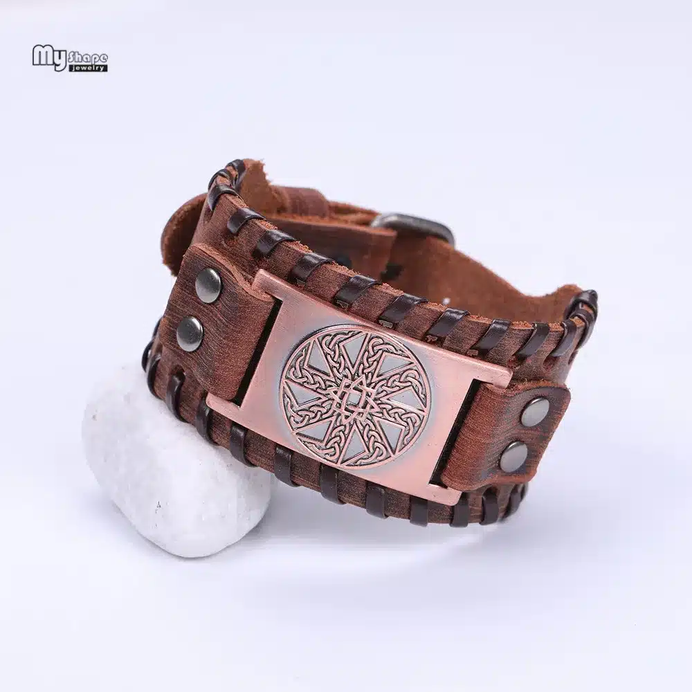 My Shape Slavic Amulet Sun Wheel Genuine Leather Bangle for Optimism Kolovrat Vintage Wide Bracelets Nordic Viking Bracelet Men 19