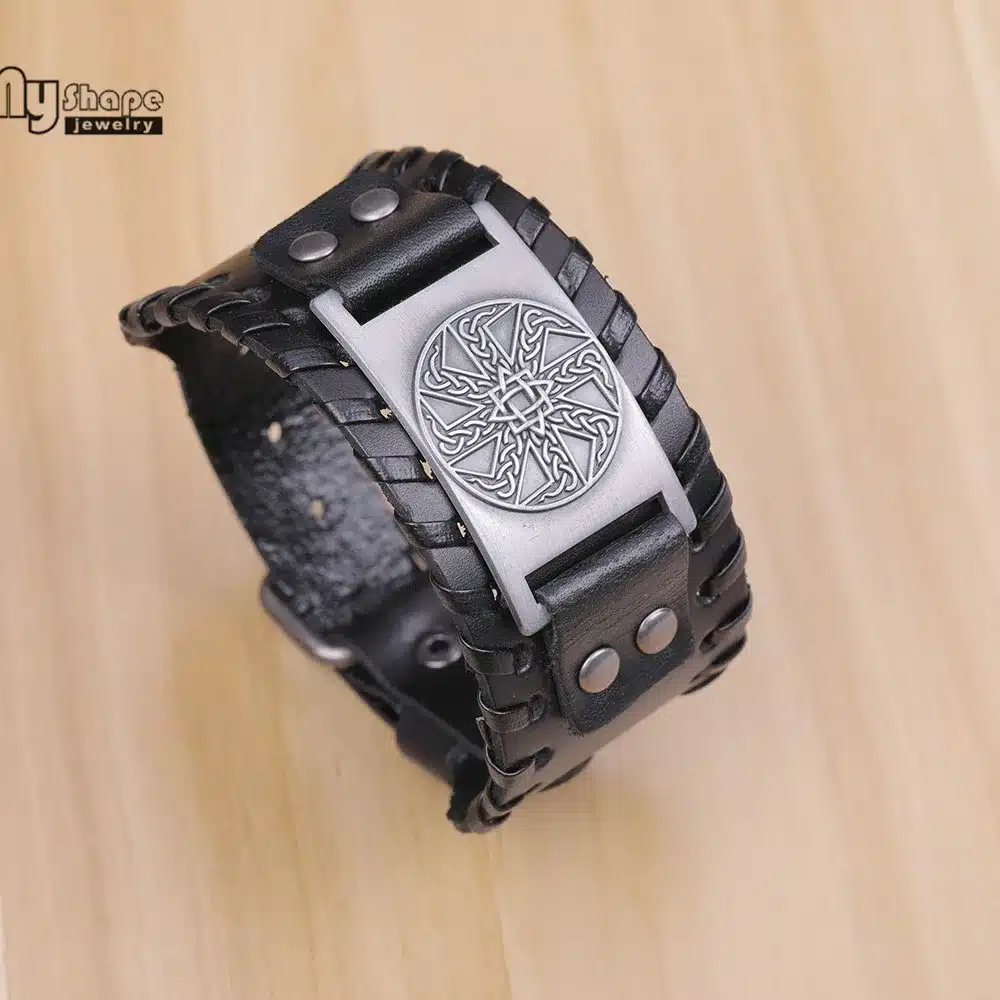 My Shape Slavic Amulet Sun Wheel Genuine Leather Bangle for Optimism Kolovrat Vintage Wide Bracelets Nordic Viking Bracelet Men 20