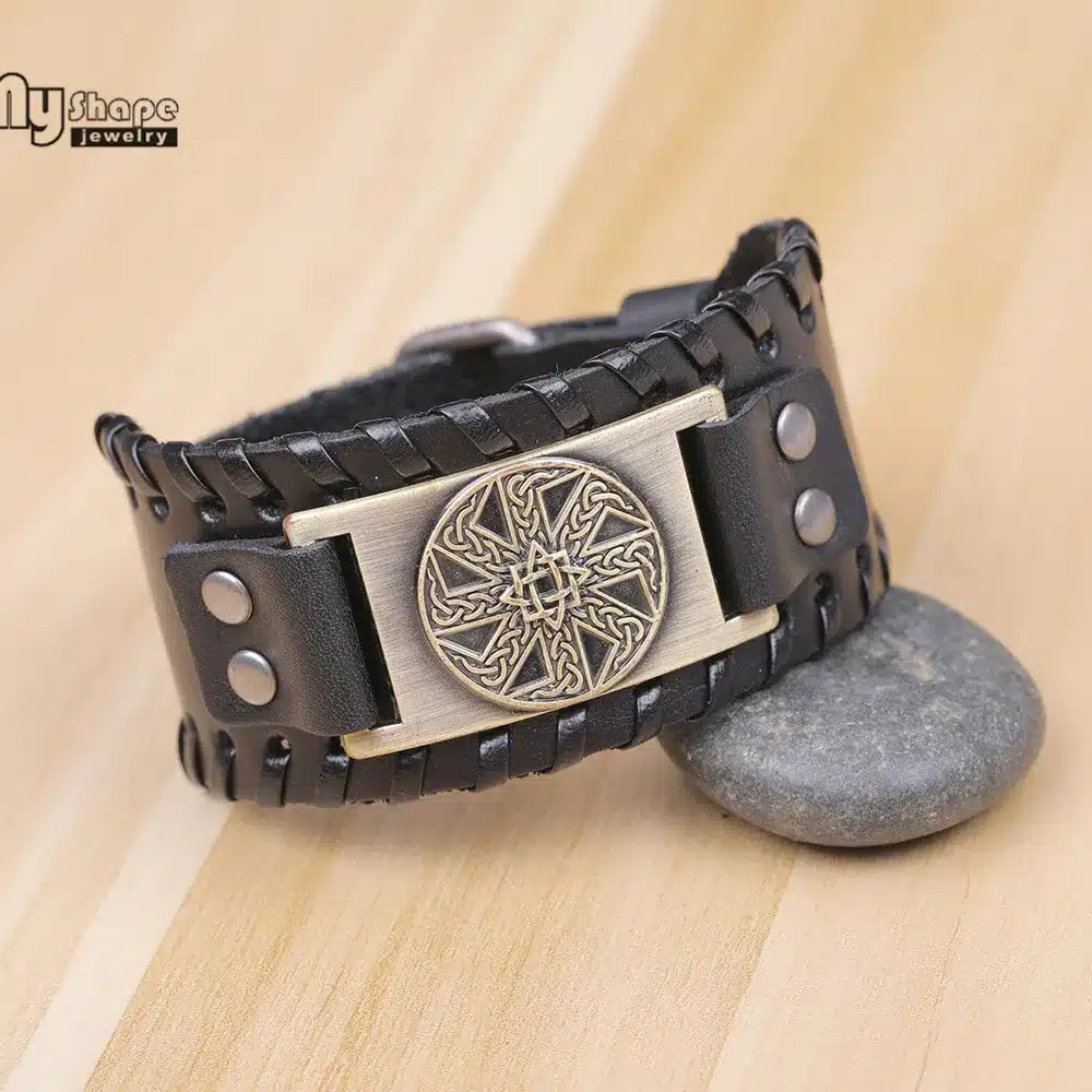 My Shape Slavic Amulet Sun Wheel Genuine Leather Bangle for Optimism Kolovrat Vintage Wide Bracelets Nordic Viking Bracelet Men 23