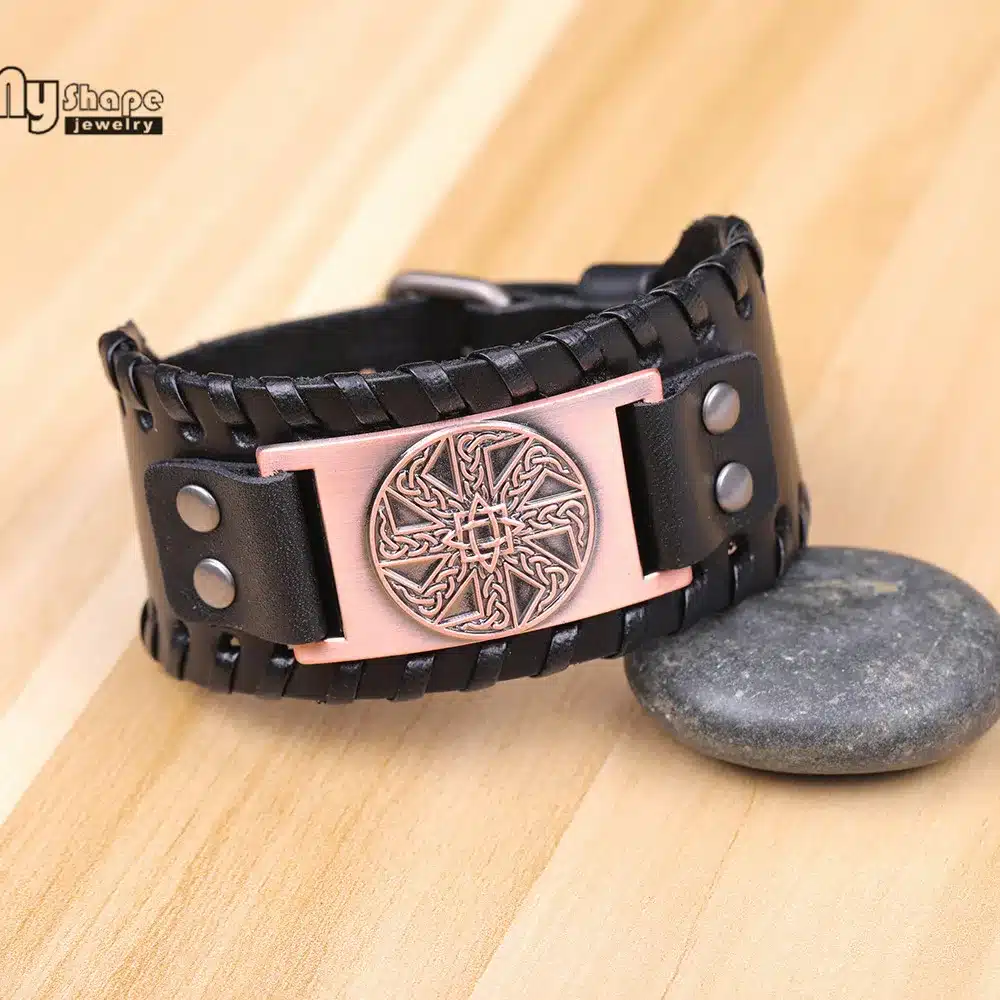 My Shape Slavic Amulet Sun Wheel Genuine Leather Bangle for Optimism Kolovrat Vintage Wide Bracelets Nordic Viking Bracelet Men 25