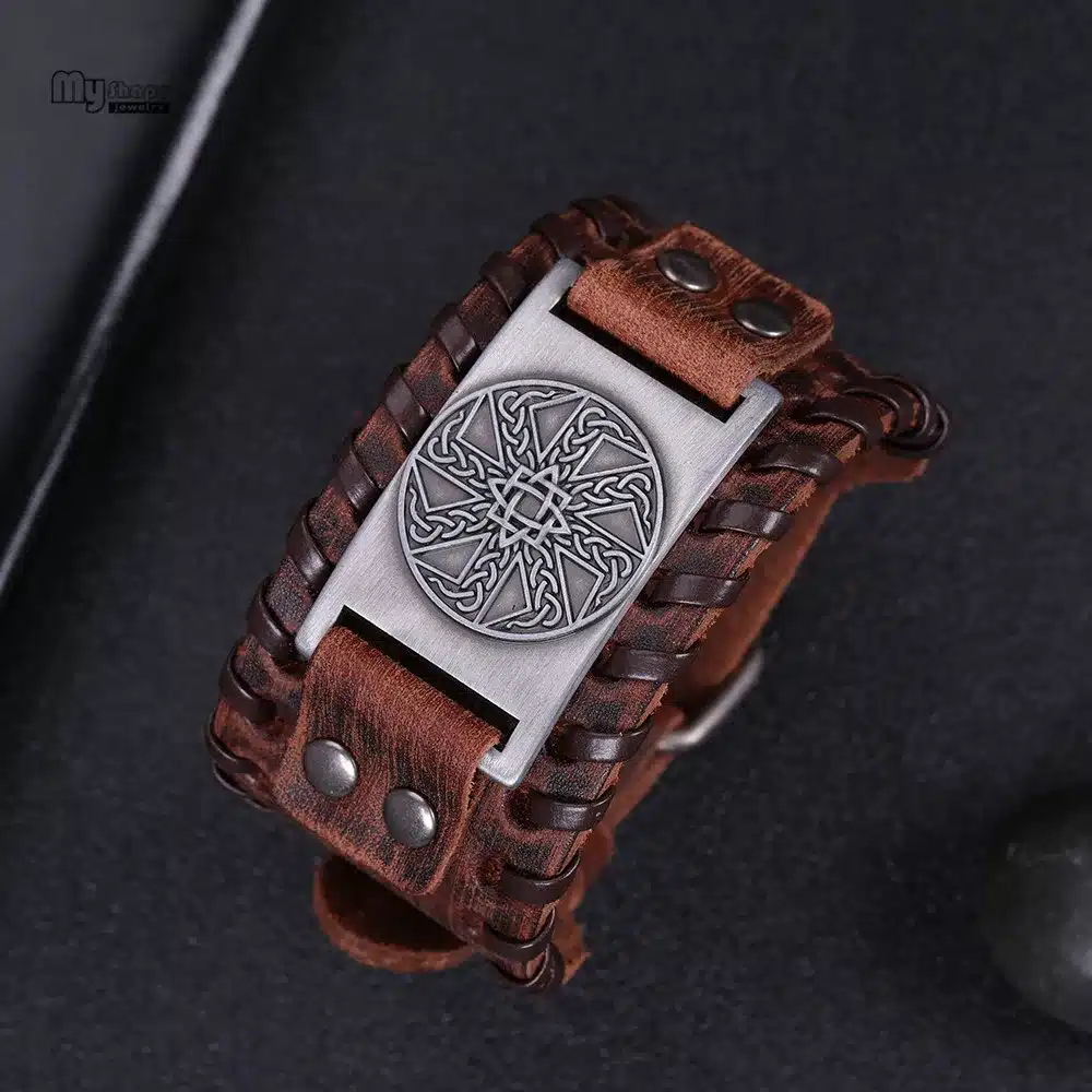 My Shape Slavic Amulet Sun Wheel Genuine Leather Bangle for Optimism Kolovrat Vintage Wide Bracelets Nordic Viking Bracelet Men 26