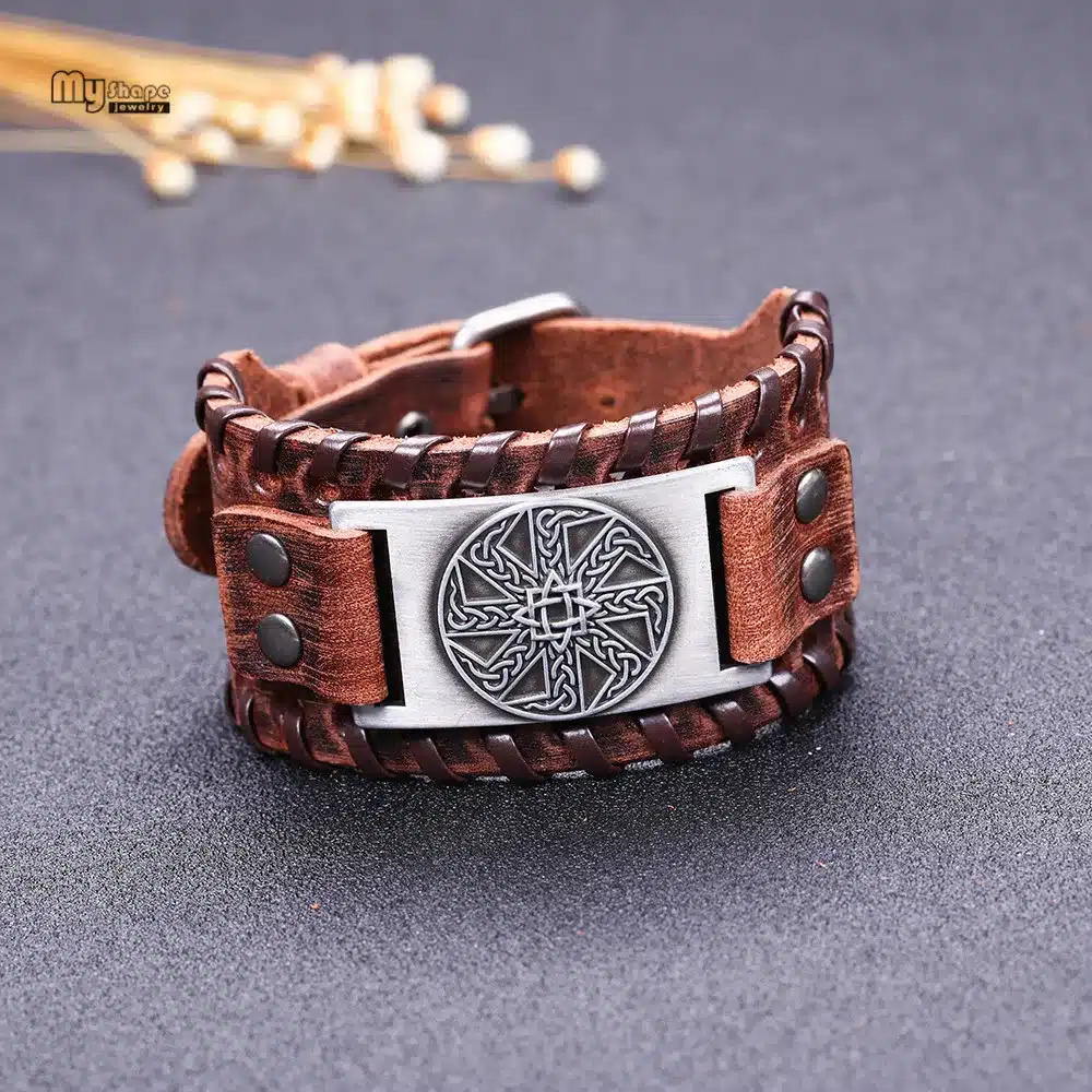 My Shape Slavic Amulet Sun Wheel Genuine Leather Bangle for Optimism Kolovrat Vintage Wide Bracelets Nordic Viking Bracelet Men 27