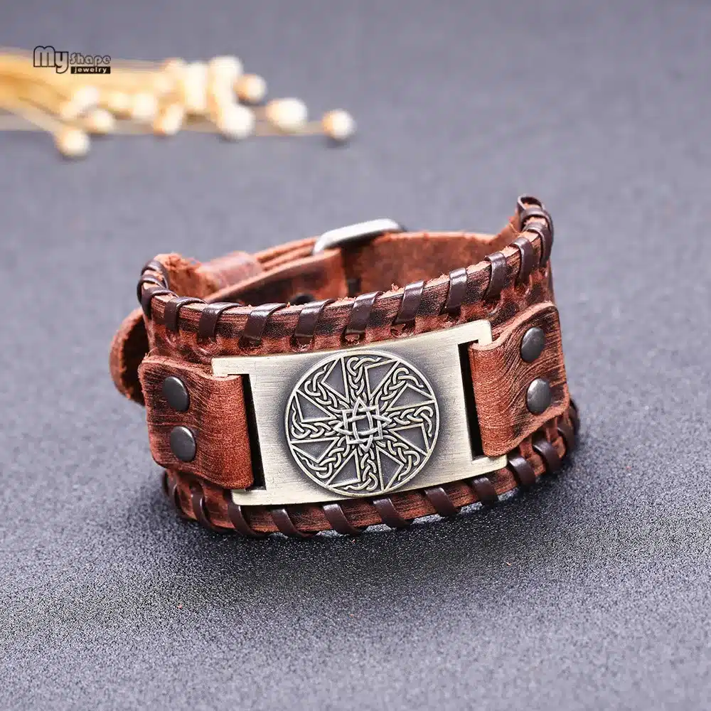 My Shape Slavic Amulet Sun Wheel Genuine Leather Bangle for Optimism Kolovrat Vintage Wide Bracelets Nordic Viking Bracelet Men 29