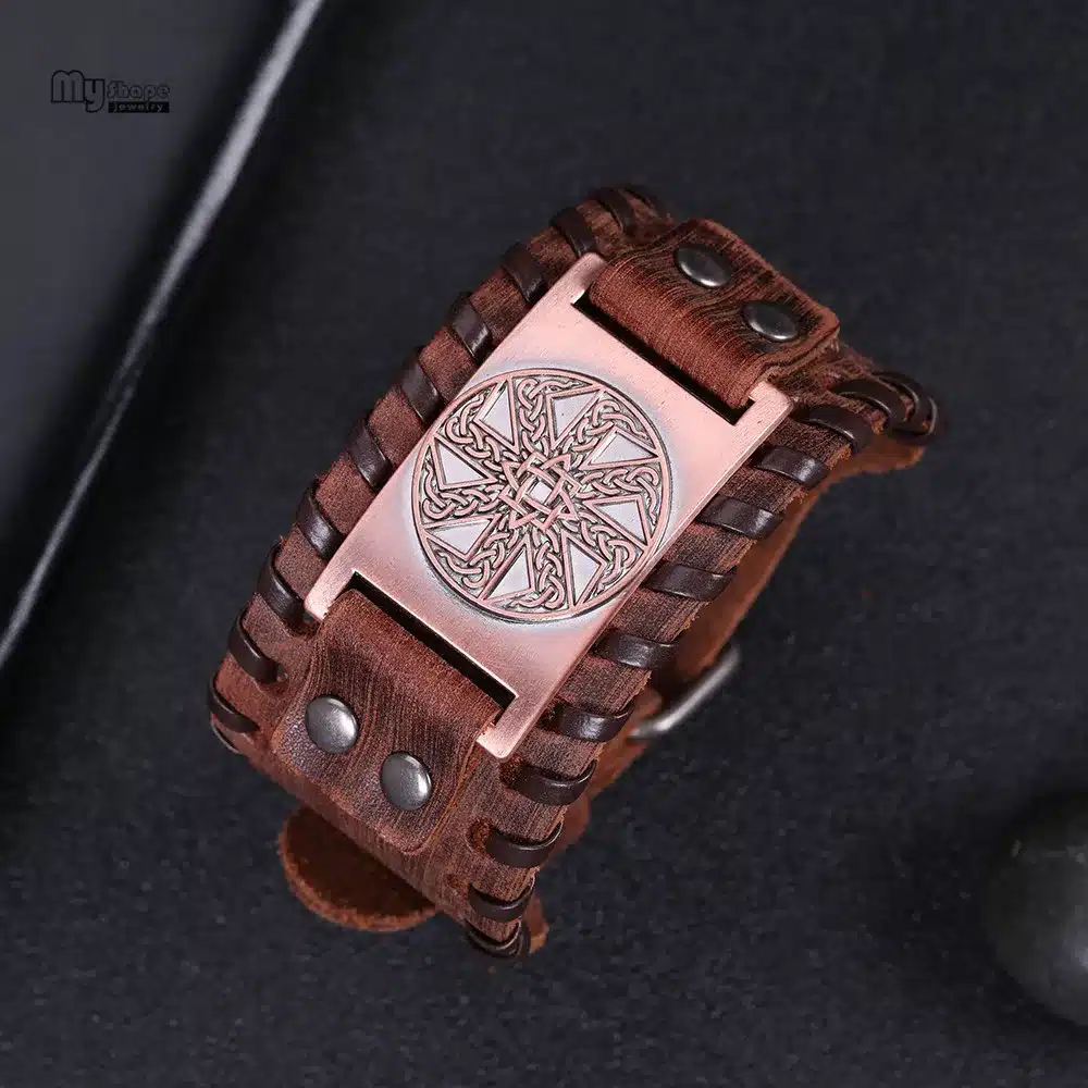 My Shape Slavic Amulet Sun Wheel Genuine Leather Bangle for Optimism Kolovrat Vintage Wide Bracelets Nordic Viking Bracelet Men 30