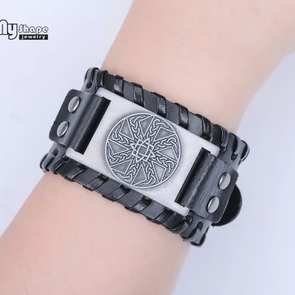 My Shape Slavic Amulet Sun Wheel Genuine Leather Bangle for Optimism Kolovrat Vintage Wide Bracelets Nordic Viking Bracelet Men 32