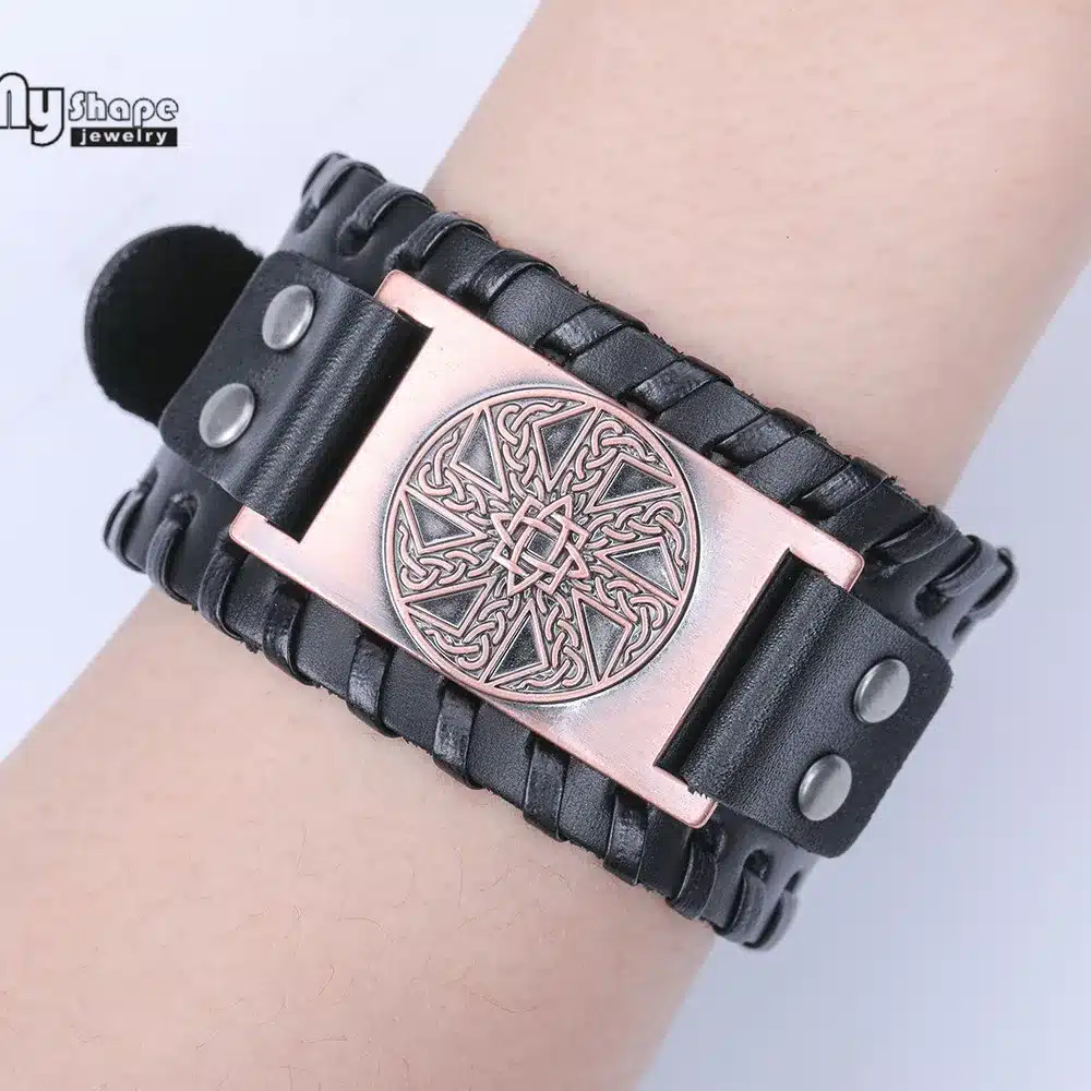 My Shape Slavic Amulet Sun Wheel Genuine Leather Bangle for Optimism Kolovrat Vintage Wide Bracelets Nordic Viking Bracelet Men 33
