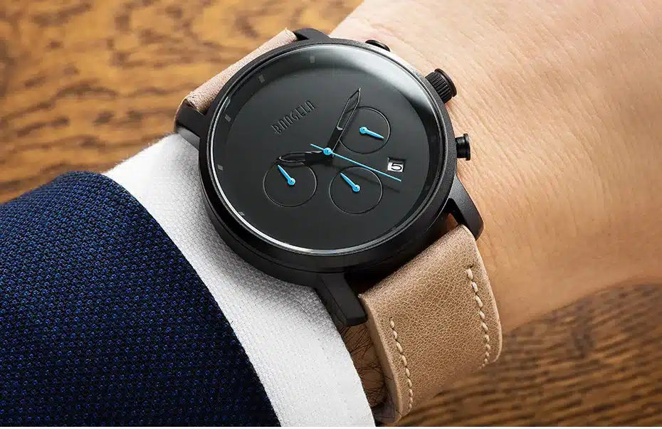 Baogela Mens Simple Chronograph Analogue Black Quartz Watch, Leather Bracelete Wristwatch with Calendar Date for Boy & Man 1705G 1
