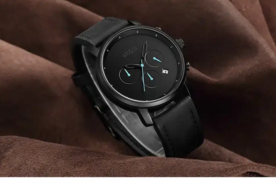 Baogela Mens Simple Chronograph Analogue Black Quartz Watch, Leather Bracelete Wristwatch with Calendar Date for Boy & Man 1705G 7