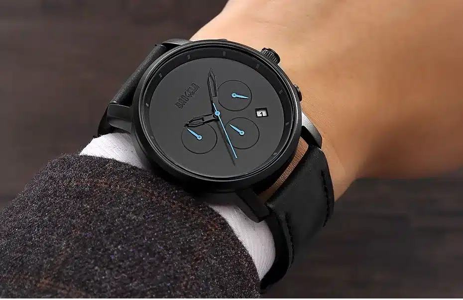 Baogela Mens Simple Chronograph Analogue Black Quartz Watch, Leather Bracelete Wristwatch with Calendar Date for Boy & Man 1705G 8